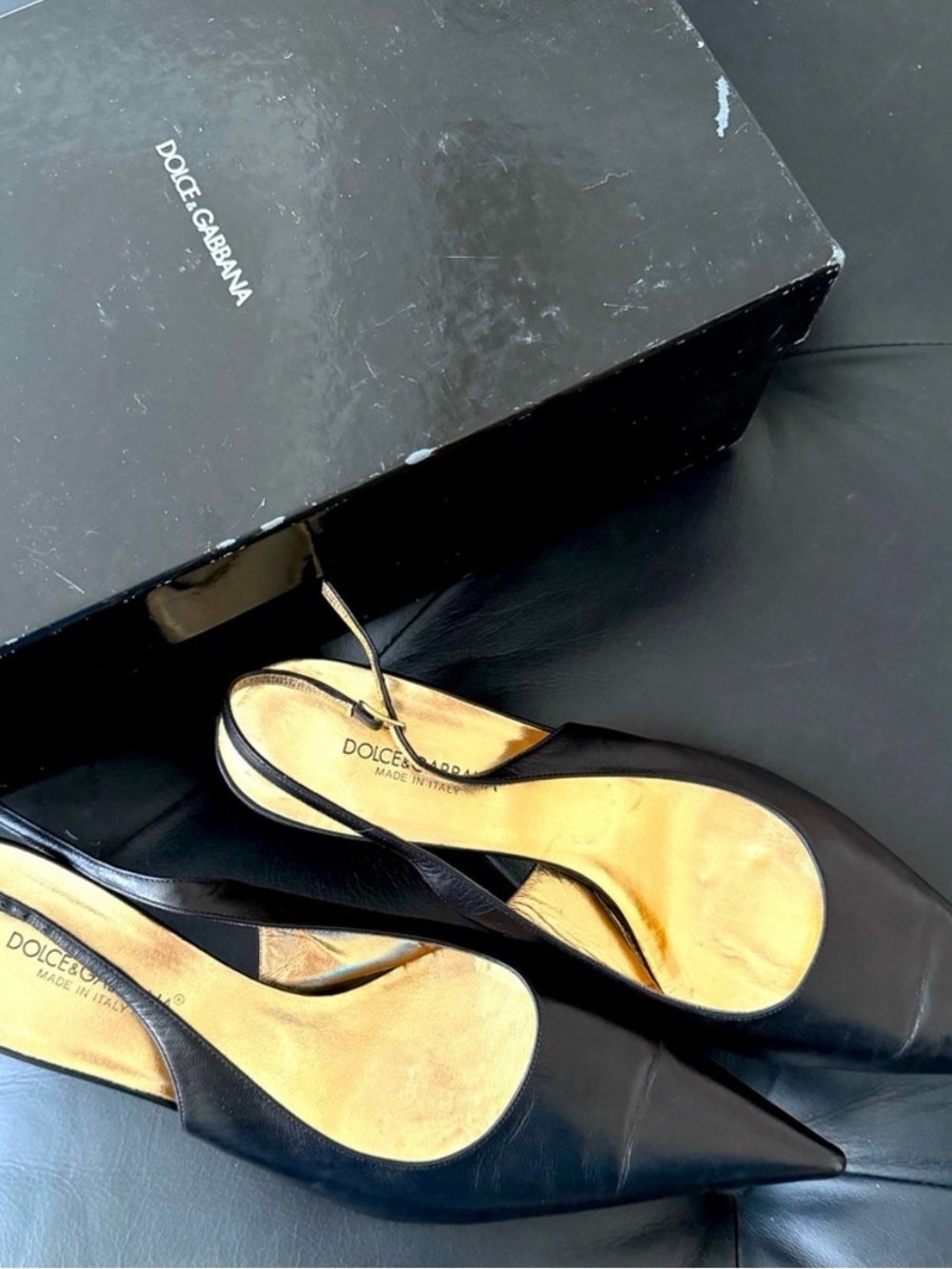 Dolce & Gabbana Black Leather Pointed Slingback Pumps with Gold Insole
